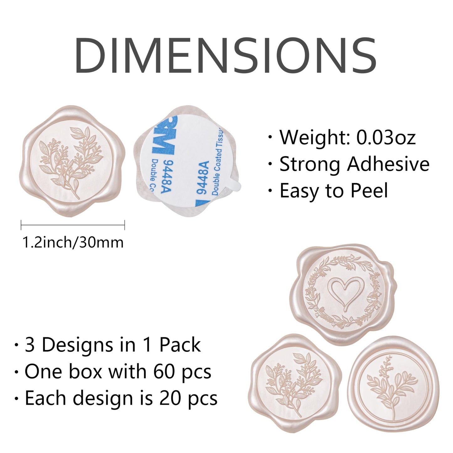 Uwilowe 60 Pcs Champagne & Pink Wax Seal Stickers Self-Adhesive Envelope Seals Stamp Stickers, Perfect for Wedding Invitations Seating Chart Christmas Gift Wrapping 3 Designs in 1 Pack