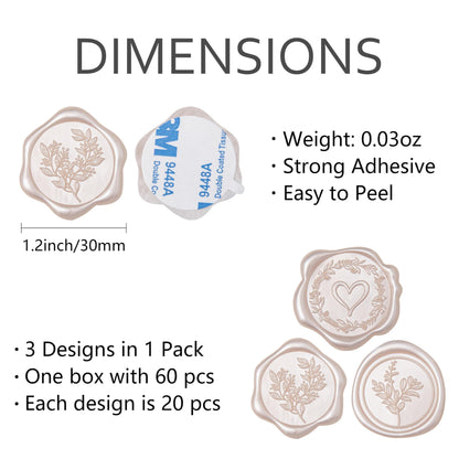 Uwilowe 60 Pcs Champagne & Pink Wax Seal Stickers Self-Adhesive Envelope Seals Stamp Stickers, Perfect for Wedding Invitations Seating Chart Christmas Gift Wrapping 3 Designs in 1 Pack