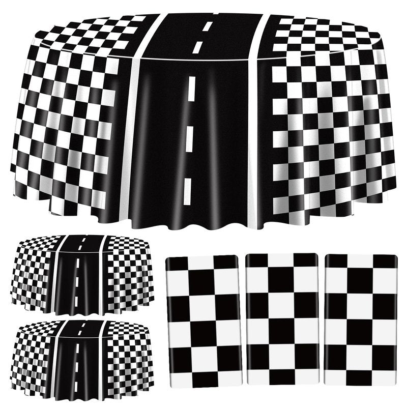 PIXHOTUL Racing Car Tablecloths for Round Table, Plastic Black Racetrack Tablecover for Kid's Birthday Racing Car Theme Party Fast One Two Fast Party, 84 x 84in