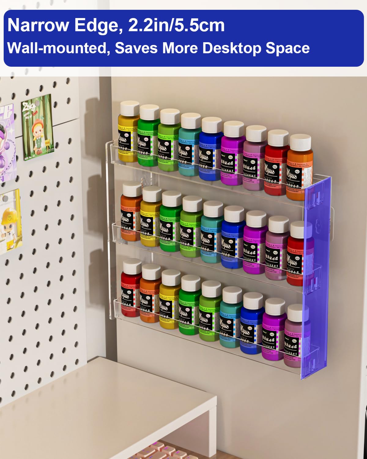 Cocheetah 2Pack 3 Tier Display Rack, Clear Paint Rack Wall-Mount (No Drill), Acrylic Craft Paint Storage Organizer, Miniature Holder for 2oz Bottle, Nail Polish Organizer, Badges, Mini Figures (2)