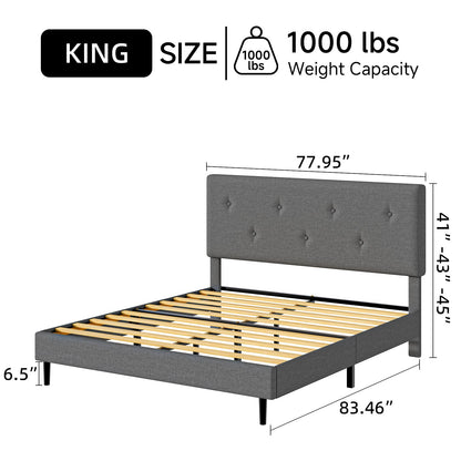 Mxhtcewz King Size Linen Bed Frame, Upholstered Platform Bed Frame with Adjustable Headboard, Wooden Slats Support, No Box Spring Needed, Easy Assembly, Grey