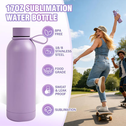 PlanetFlame Sublimation Blanks, 8 Pack 17 oz Tumblers Double-wall Insulated Stainless Steel Water Bottle Sublimation with Silicone Ring Coffee Cups, Matte Lightpurple