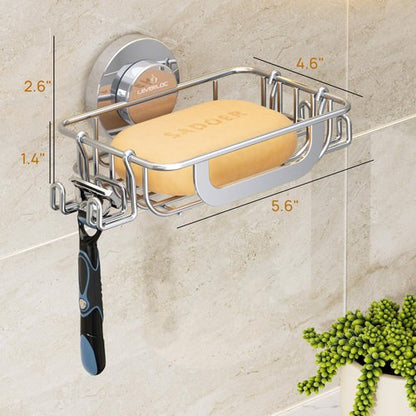 LEVERLOC Bar Soap Holder Dish with Hooks, Soap Tray Suction Cup Wall Mounted for Shower, Stainless Steel Sponge Holder Caddy for Bathroom Kitchen Sink Organizer, Rustproof, Silver
