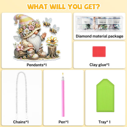 Bowetile Gnome Diamond Art Hanging Kits for Adults, 5D Special Shape Bee Diamond Painting Flowers Pendant Kits, Gem Art Suncatchers Painting Window Ornament for Home Garden Wall Decor