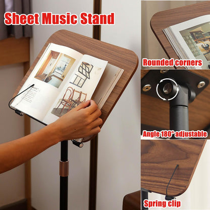 JOMRTS Wood Music Book Stand, High Stability Sheet Music Stand with Spring Book Clip, Retro, Walnut Color, Station for Conductors, Height Adjustable 64-122cm, Durable