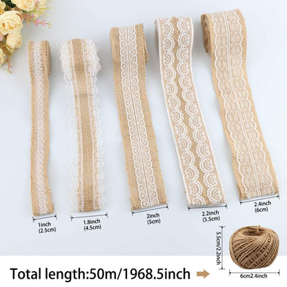 GUIFIER 30PCS Burlap Hessian Flowers Set, Include 24 Burlap Flowers and Bowknots, 5 Lace Burlap Ribbon Rolls,1 Twine Ribbon and Glue Point for Wedding Party Decor Home Embellishment DIY Crafts