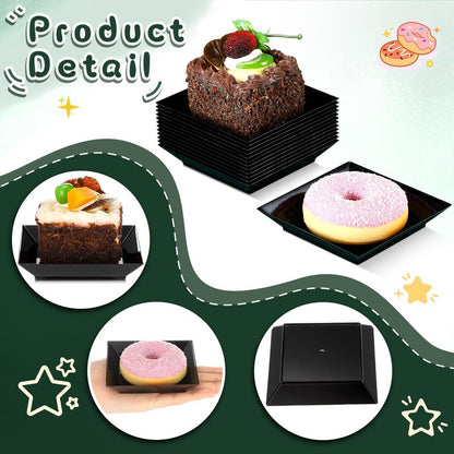 Zhehao 100 Pcs Plastic Dessert Appetizer Plates Disposable, 3.6 x 3.6 Inch Small Square Plastic Dessert Cake Snack Plate for Wedding Birthday Bridal Baby Shower All Occasion Party (Black)
