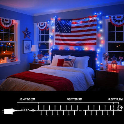 99ft 300LED 16 4th LAMPHOME Red White and Blue Patriotic String Lights, Modes Red White Blue LED Lights Plug