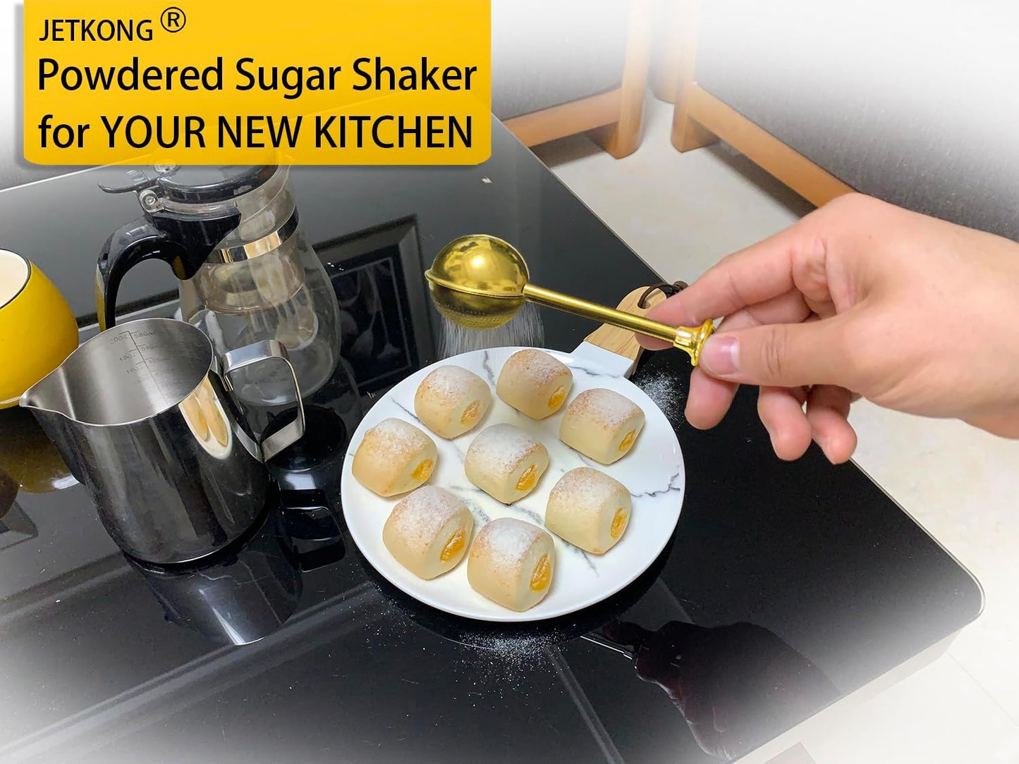 JETKONG Baker's Dusting Wand for Sugar, Flour, and Spices, Stainless Steel Shaker Duster Sifter, Set of 2 (Gold)