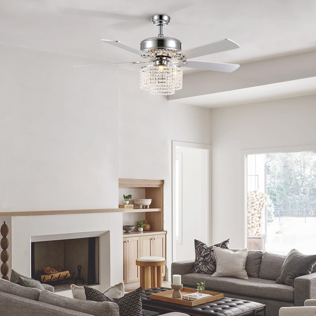 CROSSIO 52 Inch Crystal Ceiling Fan with Light and Remote Control, Modern Chandelier Fan with 5 Reversible Wood Blades Chrome Fandelier for Living Room Bedroom (Fine line Crystal-Ceiling Fan)