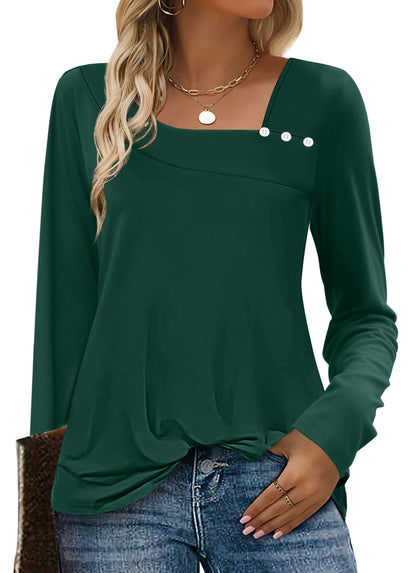 OFEEFAN Long Sleeve Shirts for Women Fall Clothes Asymmetric Square Neck Tunic Tops Decorative Buttons