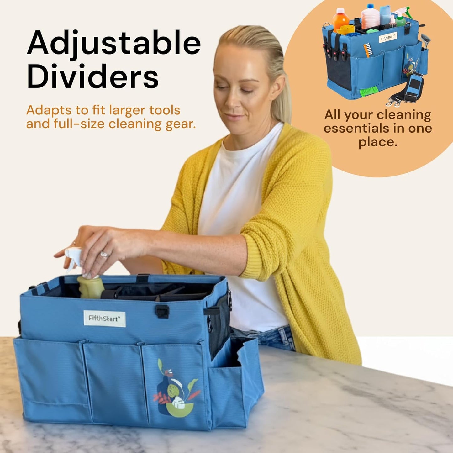 9 FifthStar Cleaning Caddy Bag for Professionals - Heavy-Duty Organizer with Shoulder Strap, Pockets, Mesh Base