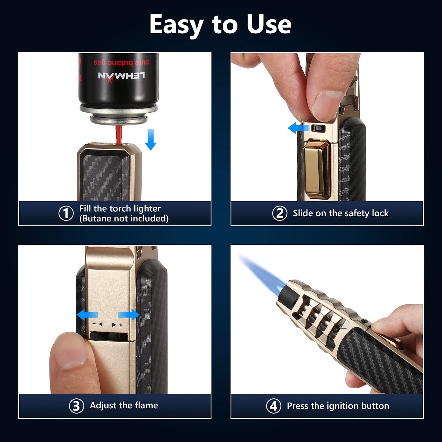 Butane Torch Lighter, Refillable Kitchen Cooking Torch Windproof Adjustable Flame Solar Beam Torch Blow Torch with Safety Lock for Baking Creme Brulee