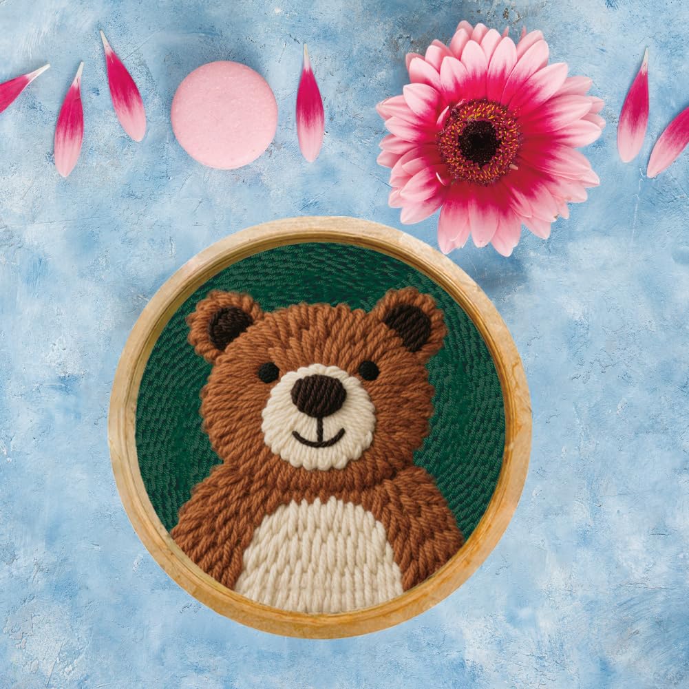 FREEBLOSS DIY Punch Needle Kits for Beginners Cartoon Bear Punch Needle Starter Craft Set with Hoop and Instruction Embroidery Set for Adults Festival Gift and Decoration 7.9''/20cm