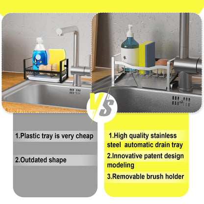 Maifan Kitchen Sink Caddy Organizer Sponge Holder for Kitchen Sink with Stainless Steel Auto Drain Tray, Self Drain Dish Soap Sponge Caddy Rack for Countertop Storage Gadgets Silver Grey
