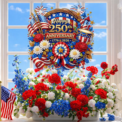 Eiflow Acrylic Diamond Art Hanging Kit for Adults 4th of July Wreath, DIY Diamonds Painting Door Hanger Board Kit, Special Crystal Diamond Art Painting Pendant Ornament (Happy 250th Anniversary)