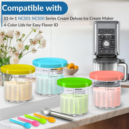 Vintrol 4 Pack Pints Creami Deluxe Pints with 4 spoons, 1 metal spoon & 4 Lids, 24oz Creami Pints Compatible with NC500 NC501 Series Ice Cream Makers Machine Accessories, BPA-Free And Dishwasher Safe