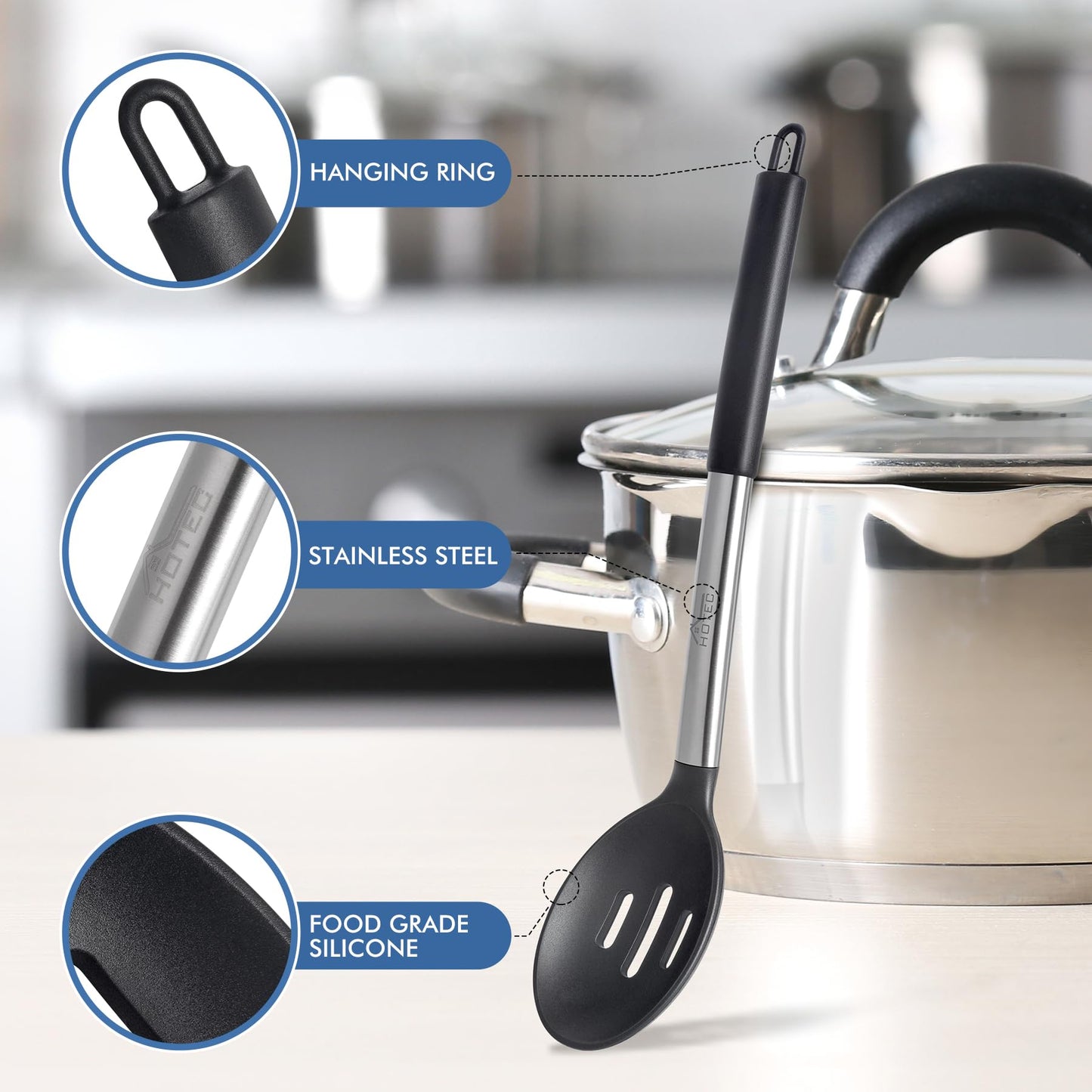 HOTEC 446°F Heat Resistant Large Silicone Cooking Spoon, BPA Free Solid Slotted Spoons, Nonstick Kitchen Cookware Utensils, Mixing, Serving, Stiring Large Spoons, Black