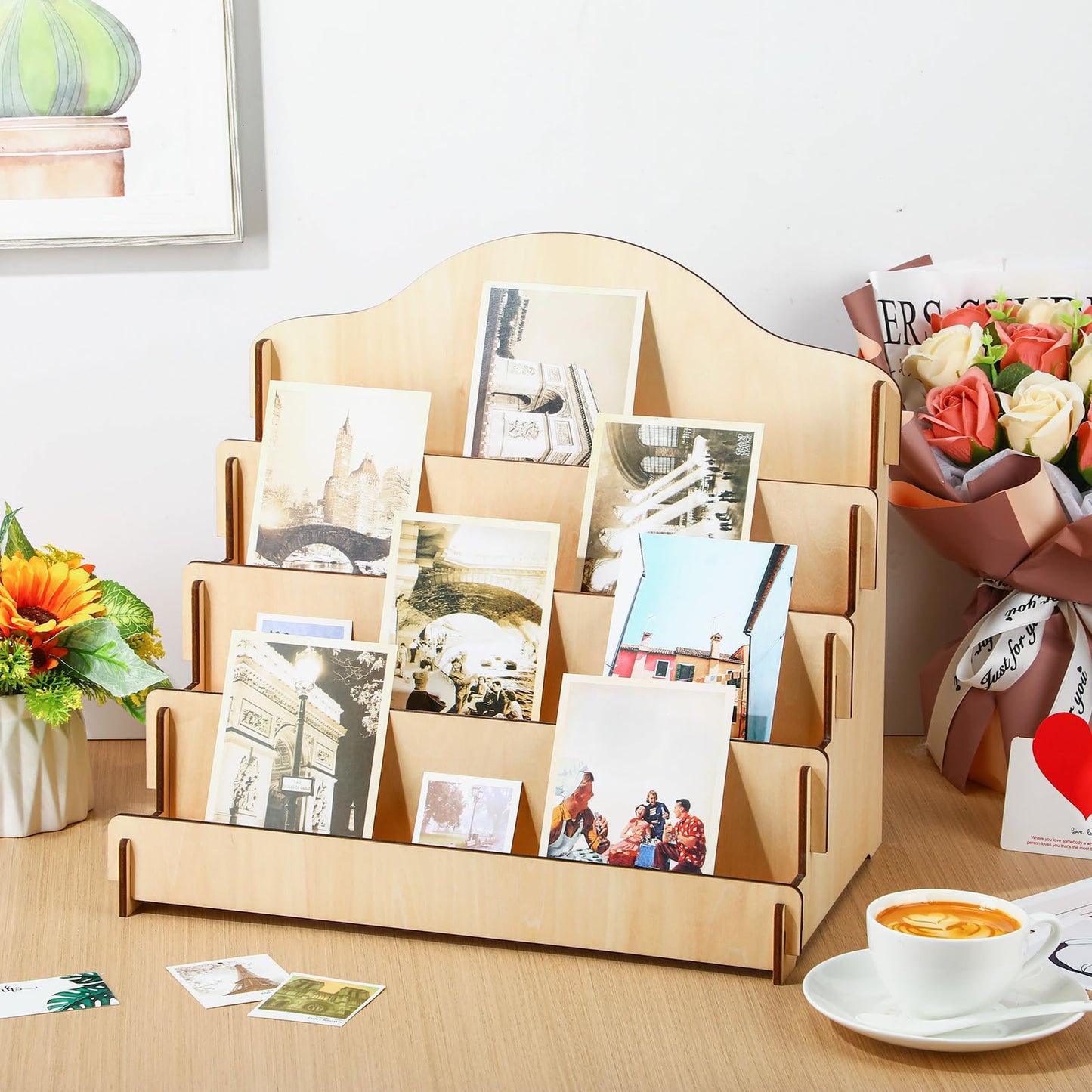 Wonderjune 3 Pcs 4 Tiered Greeting Card Display Stand Sticker Display Stand for Vendors Wooden Collector Card Rack Wood Holder for Postcard Photos Bookmark Trade Shows Retail Counter, 3 Sizes(Brown)