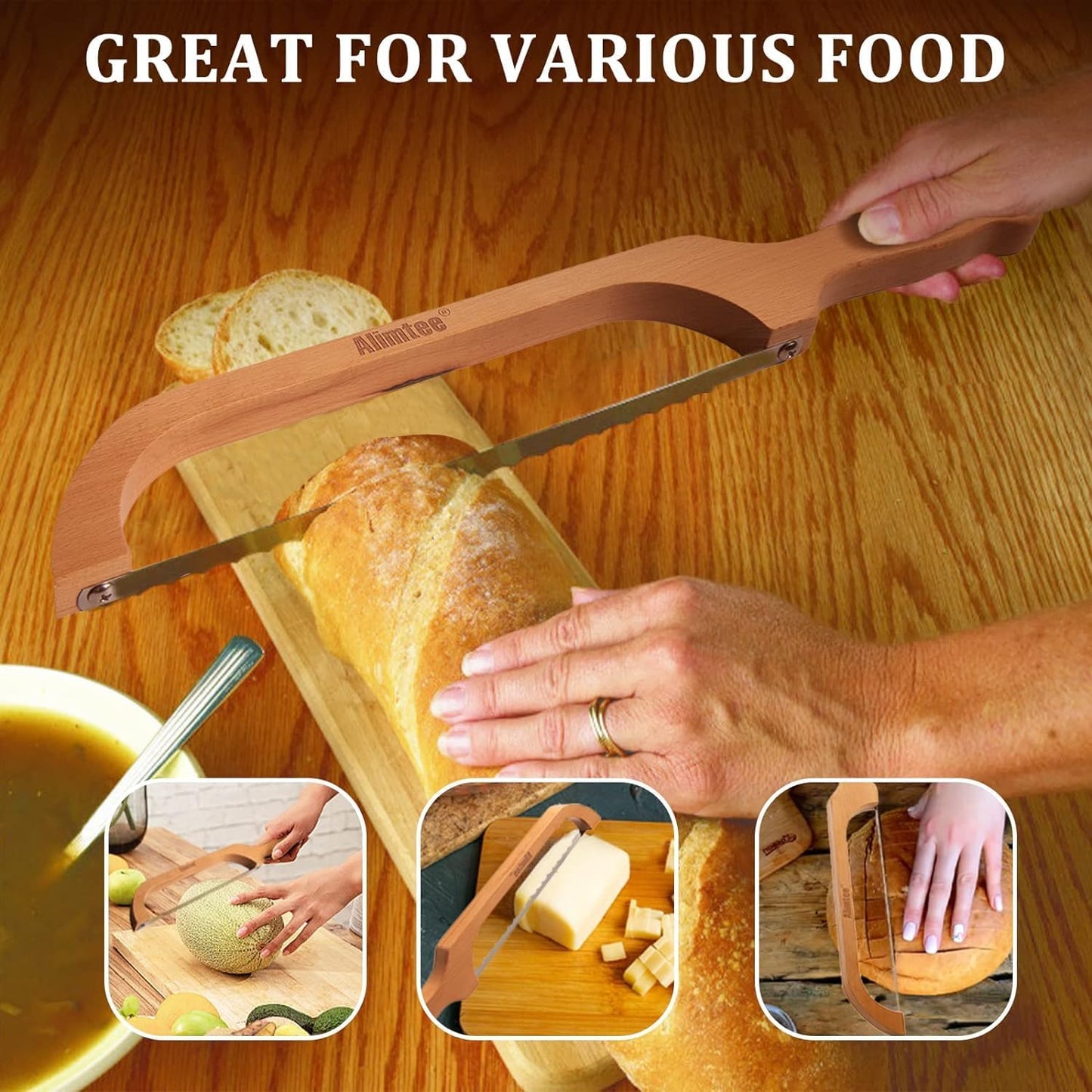 16" Wooden Serrated Bread Knife for Homemade Bread, Fiddle Bow Design Sourdough Cutter, Premium Stainless Steel Gift