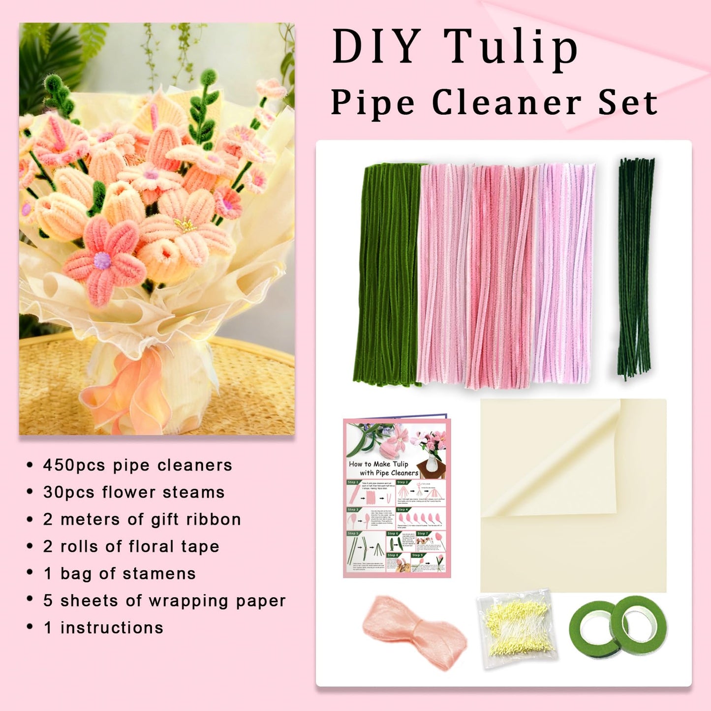 Morcheiong 480 Pcs Pipe Cleaners Tulip Craft Flower Making Kit for DIY Arts Craft Supplies- Pink Series