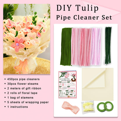 Morcheiong 480 Pcs Pipe Cleaners Tulip Craft Flower Making Kit for DIY Arts Craft Supplies- Pink Series