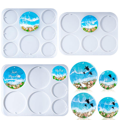LET’S Resin 21-Cavities Keychain Resin Molds with Hole, 4 Sizes 2.95'' 2.76'' 2.36'' 1.97'' Flat Circle Round Silicone Molds for Resin, Epoxy Resin Molds for DIY Christmas Ornaments,Wedding Favor