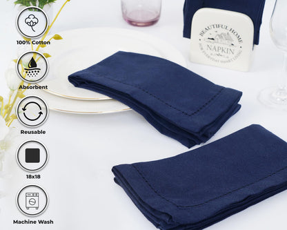 Blue Needles Navy Blue Hemstitch Linen Napkins Set of 12-100% Cotton Cloth Dinner Napkins 18x18 inches, Soft, Reusable, Absorbent, Washable Ideal for Spring Summer Easter Parties & Everyday Use