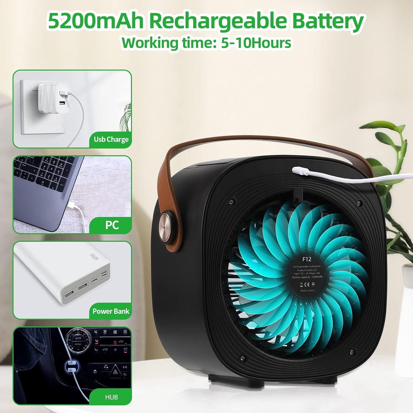 Portable Air Conditioners, 5200mAh Mini Air Cooler with 3 Speeds, Small Desk Air Conditioner for Bedroom, Office