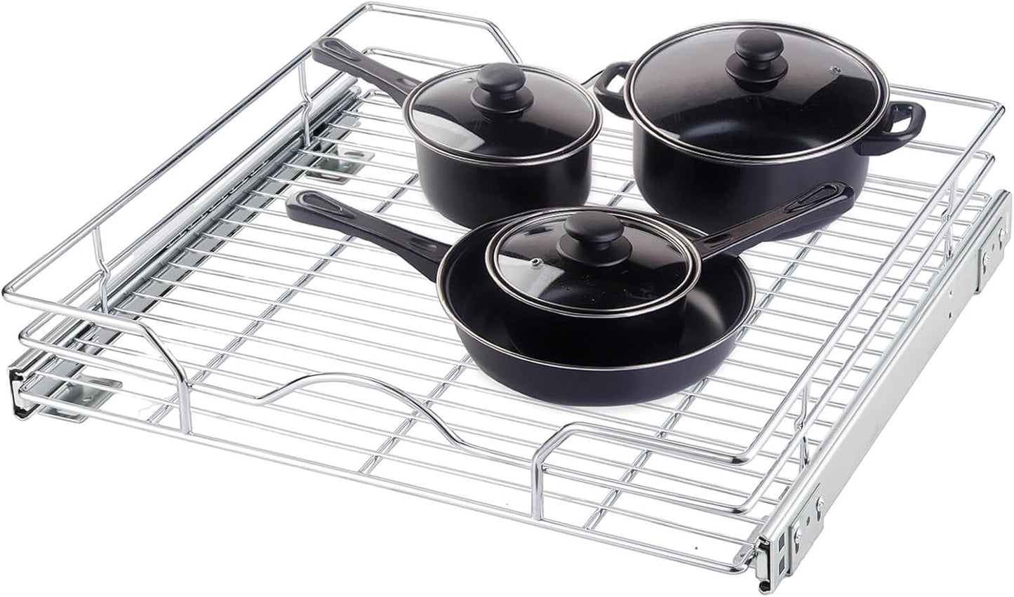 OCG Pull Out Cabinet Organizer (20.75" W x 17" D), 1 Tier Pull Out Shelves, Chrome Finish Cabinet Slide Out Shelves for