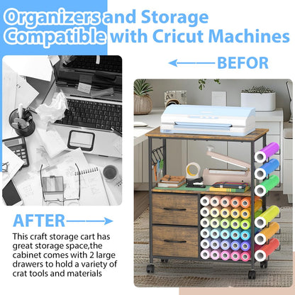 KANEODOT Storage Cart Compatible with Cricut, Roll Holders with 2 Drawers, Rolling Craft Cabinet Table for Accessories Holder,Tool Hook for Craft Room Home
