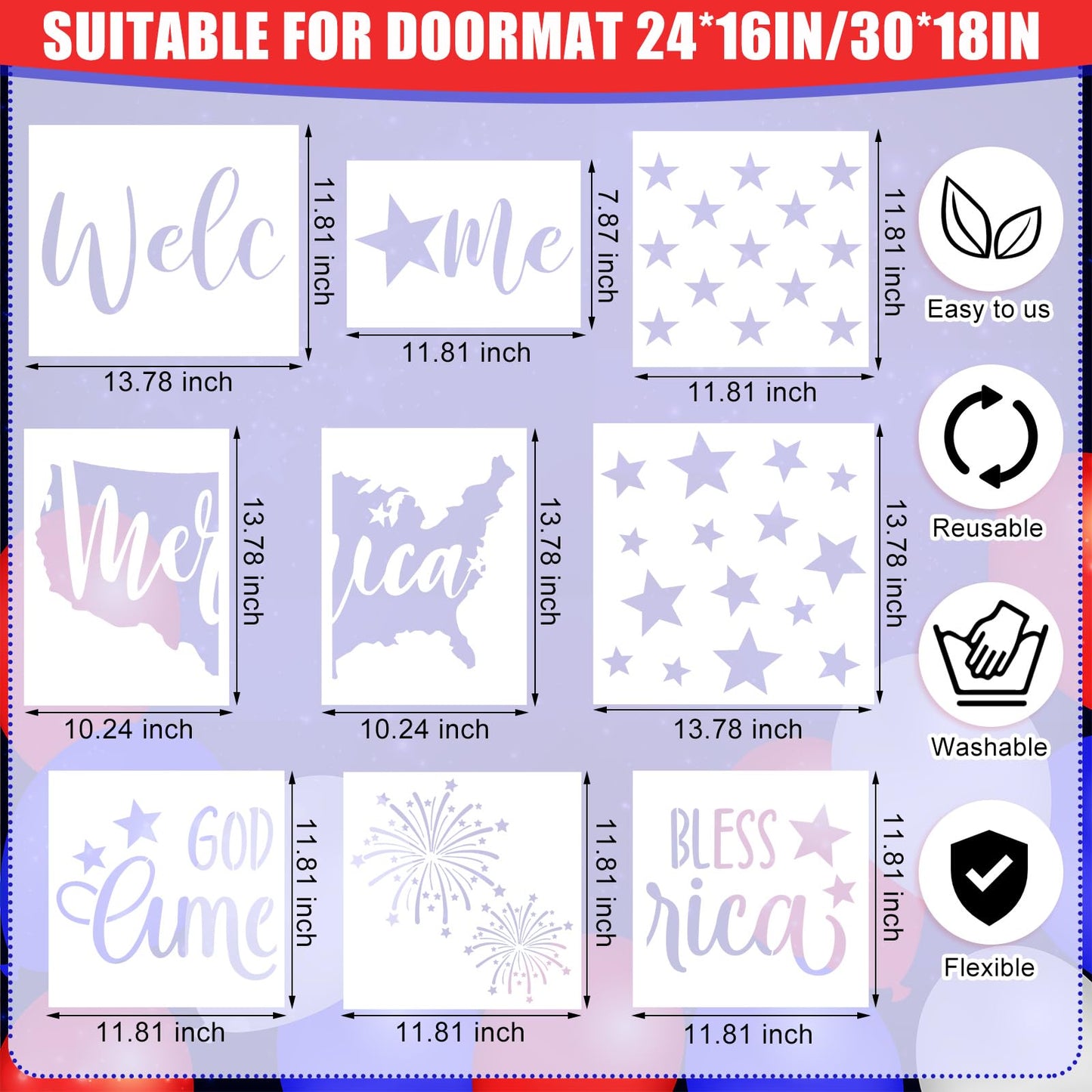 Frienda 9 Pcs 4th of July Stencils for Door Mats Reusable Welcome Templates Large Stencils for Drawing DIY Painting on Wood Floor Doormat Crafts (Various Sizes)