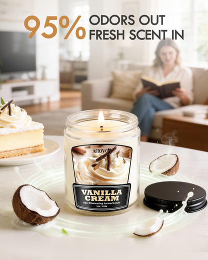 AOOVOO Vanilla Cream 2 Pack Odor Eliminating Candle - Up to 100 Hours Burn time, Eliminates 95% of Pet, Smoke, Food, and Other Smells Quickly, 18 oz Non Toxic Highly Fragranced Air Freshing Soy Candle
