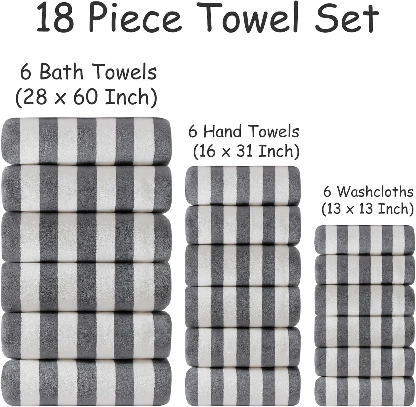 18 Set Loop-6 Towels,6 Towels,6 Set Pcs Gray Stripe Bath Towel with Hanging Bath Hand Washcloths Soft Family Towels