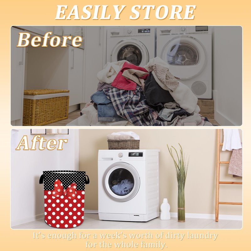 Black Red Polka Dot Laundry Basket, Cute Bow Tie Laundry Hamper Foldable Waterproof Funny Tote Bag Dirty Clothes Storage Bucket Toy Organizer for Bathroom/Laundry/Bedroom 15.7"x19.6"