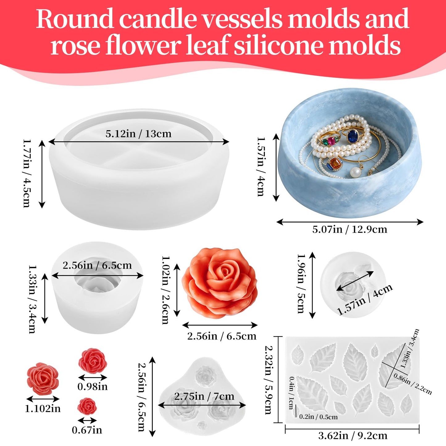ZQYSING Rose Candle Molds, 5Pcs Rose Silicone Molds for Candle Making, Roses Flower Leaf Mold and Round Candle Vessel Mold Set for Scented Candles, Handmade Soap, Epoxy Resin Casting, Mom Gifts