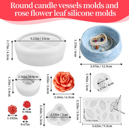 ZQYSING Rose Candle Molds, 5Pcs Rose Silicone Molds for Candle Making, Roses Flower Leaf Mold and Round Candle Vessel Mold Set for Scented Candles, Handmade Soap, Epoxy Resin Casting, Mom Gifts