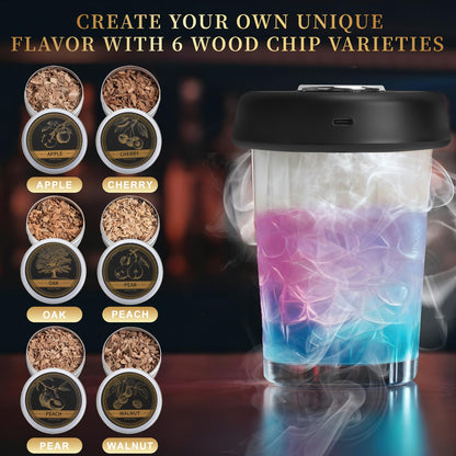 Audoyon Electric Whiskey Smoker Kit with 7-Color Lights, 6 Flavors Wood Chips Cocktail Shaker with Sphere Ice Mold & Stainless Steel Ice Cubes, Old Fashioned Smoker for Father's Day, Gifts for Him