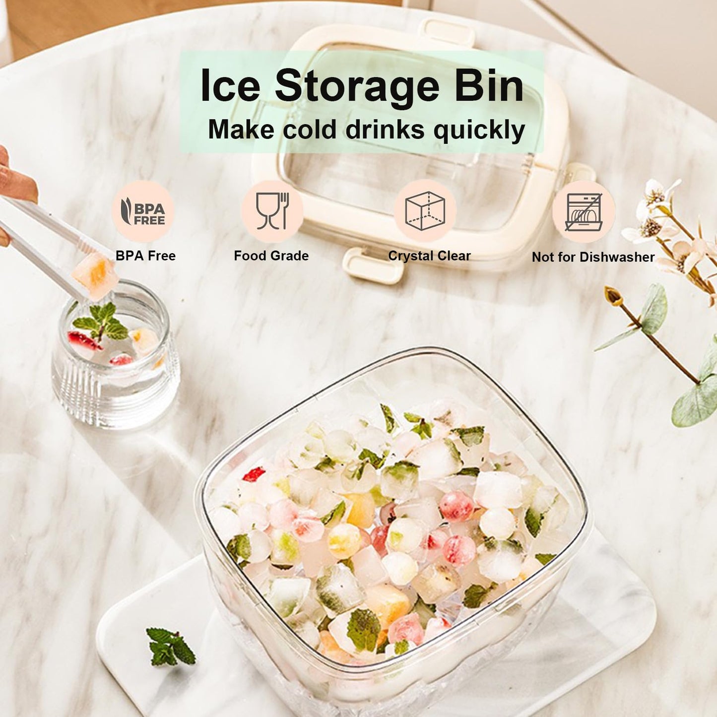 Siuper 4QTS Ice Cube Storage Bin with Sealed Lid for Freezer Clear Ice Bucket w/ Tong for Bar Hotel Refrigerator Containers for Home Beverage Cooler for Whiskey Wine Beers Party Outdoor 8.5*6.6*7.4in