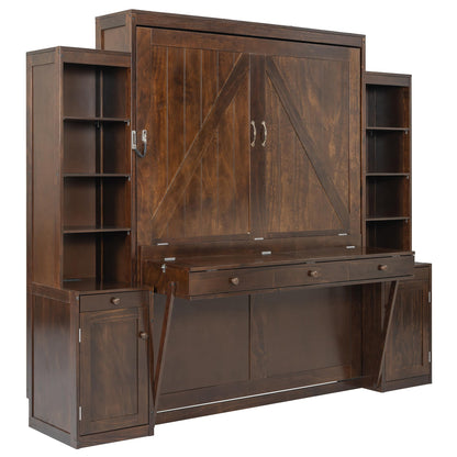 Merax Queen Size Murphy Bed with Desk and LED Lights, Power Outlet, Foldable Murphy Cabinet Bed with Open Storage Shelves & Drawers, Wood Space-Saving Hidden Wall Bed for Guest Room, Dark-Brown