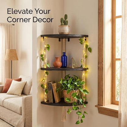 3-Tier REFGY Corner Floating Shelves with Aesthetic Greenery & Fairy Lights - Premium Wood-Textured Boho Wall Hanging