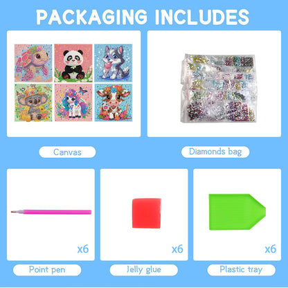 Bzconxin 6 Pieces Cartoon Animals Diamond Painting Kits for Kids Beginners,Diamond Art for Kids Ages 6-12 Girls Boys,5D Full Round Drill Big Gem Arts and Crafts for Home Wall Decor 6x6 Inch