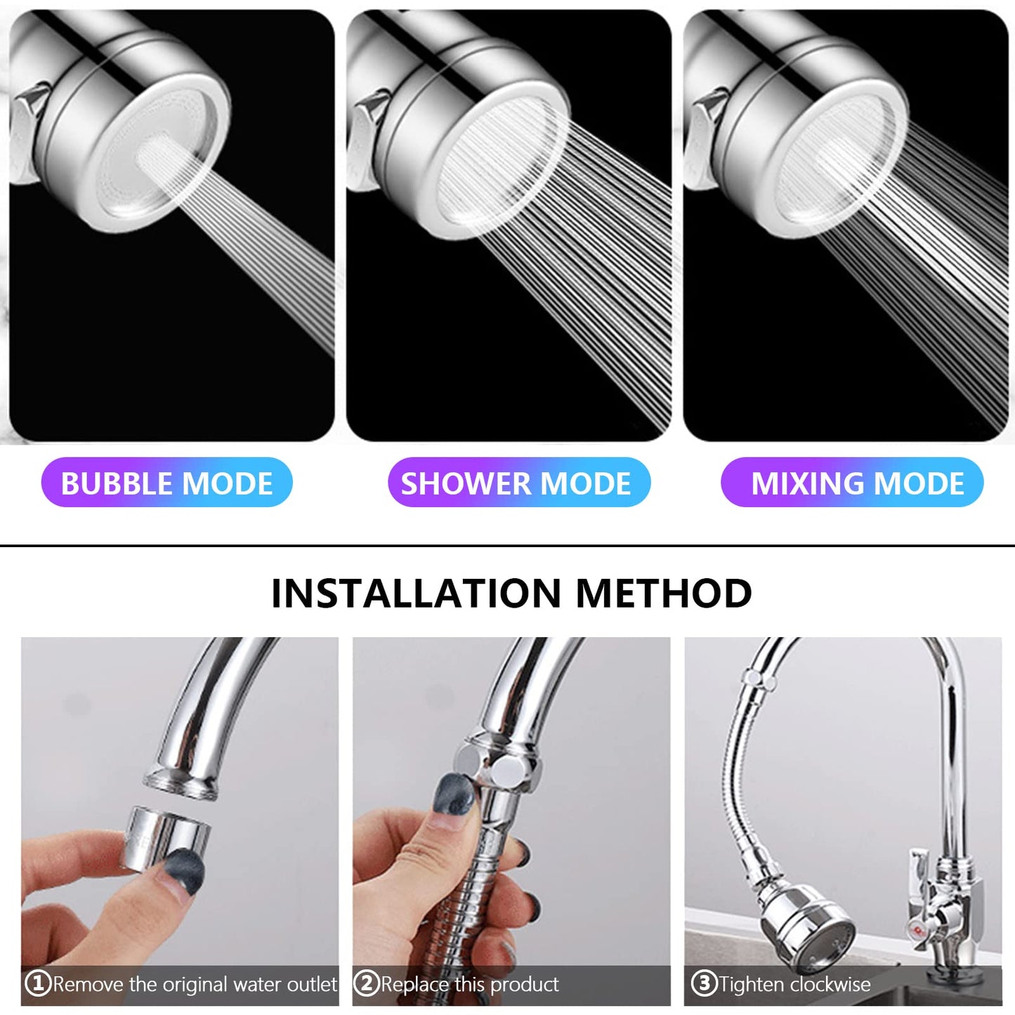 3 Pieces Kitchen Tap Head Fucet Aerator, 360 Degree Rotatable 3 Mode Adjustable Faucet Extender Kitchen Faucet Head Replacement for Bathroom Kitchen