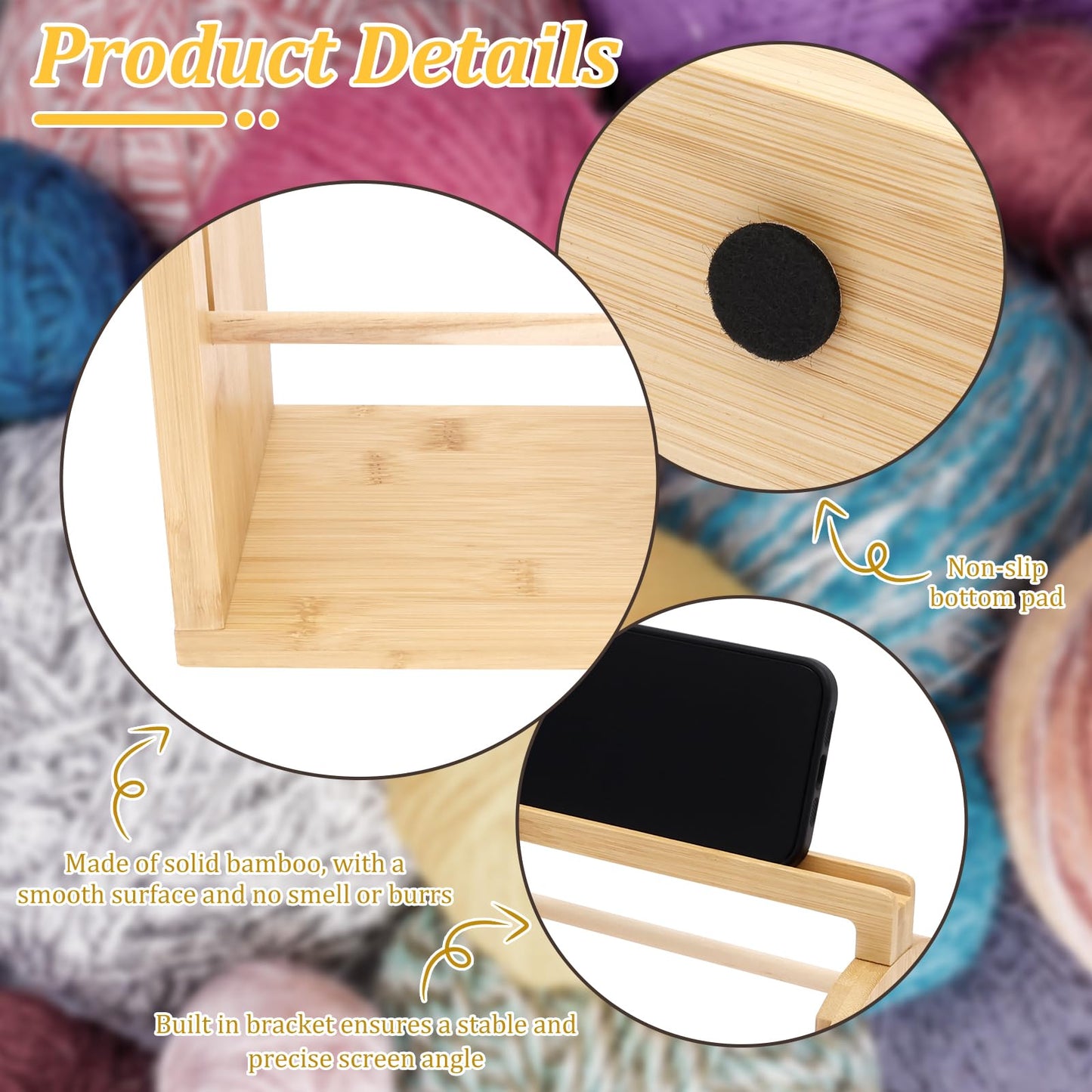 Yarn Holder for Crocheting and Knitting, Bamboo Wooden Yarn Spinner Storage Organizer with Built-in Phone Stand, Tangle-Free Dual Rods and Crocheting Tool Holder, Works with Skein,Cake,Ball