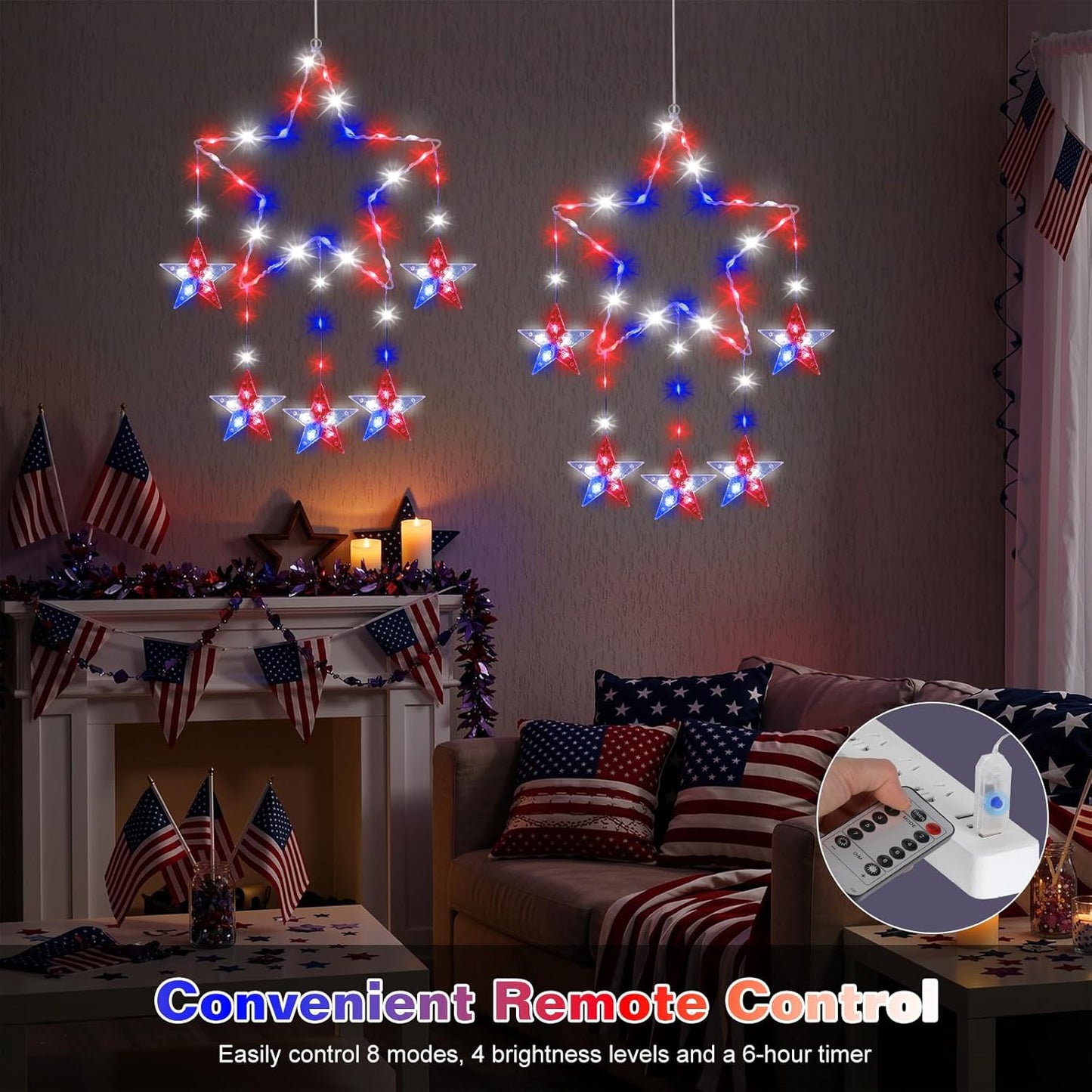 4th 2 Pack 62 8 Lewondr of July Decorations, Red White and Blue Window Star Lights with LEDs, Patriotic Star Lights