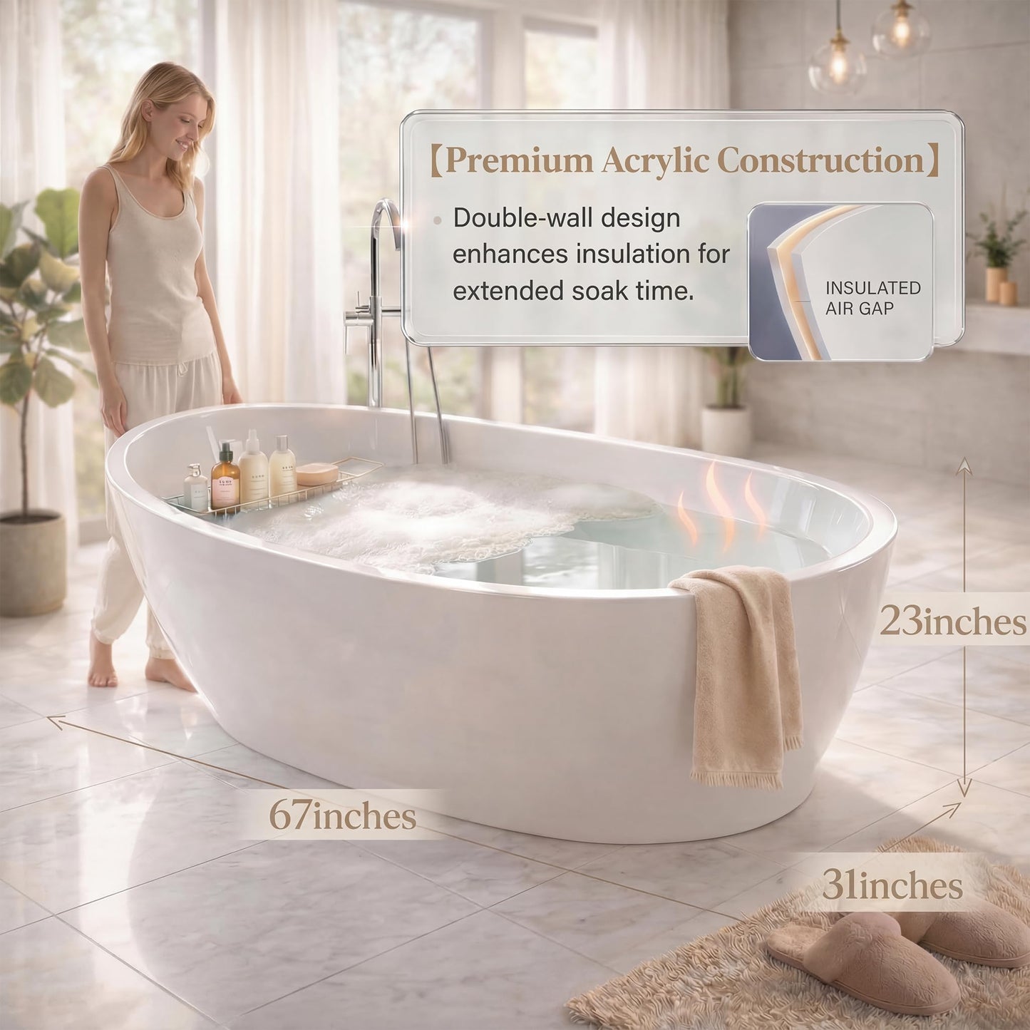 GarveeTech 67"Freestanding Bathtub, Acrylic Deep Soaking Tub, Non-Slip Acrylic Tub with Chrome Overflow and Drain, CUPC Certified, Ergonomic Modern Bath for Bathrooms, Easy-Install