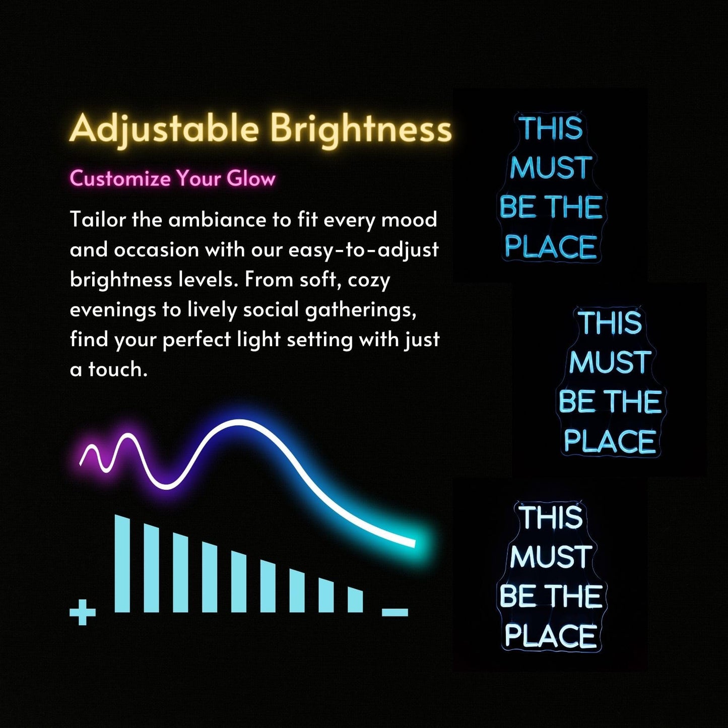 15.8" This Must Be The Place LED Neon Sign - Blue, Dimmable Light for Home, Bedroom, Cafe, Bar Wall Decor - Energy-Efficient Neon Light with Installation Kit - Perfect for Weddings and Birthdays
