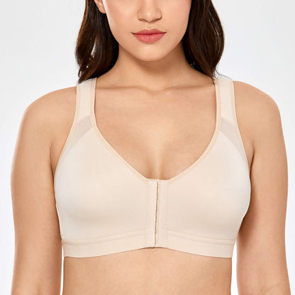 DELIMIRA Women's Full Coverage Front Closure Wire Free Back Support Posture Bra Taupe Tan 36D