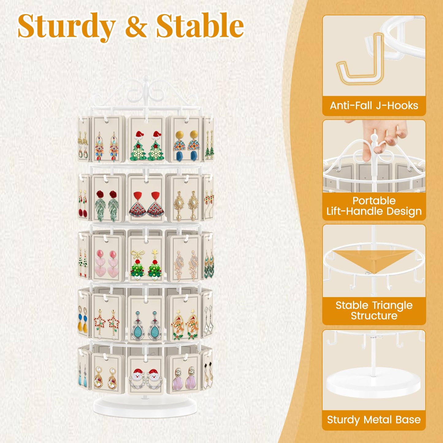 EsLuker.ly Earring Holder Organizer Rotating Display Tree Stand, Adjustable Height Earring Card Hanger Rack with 50 Hooks for Vendors Market Selling, 5 Tier Metal Jewelry Storage Tower, White