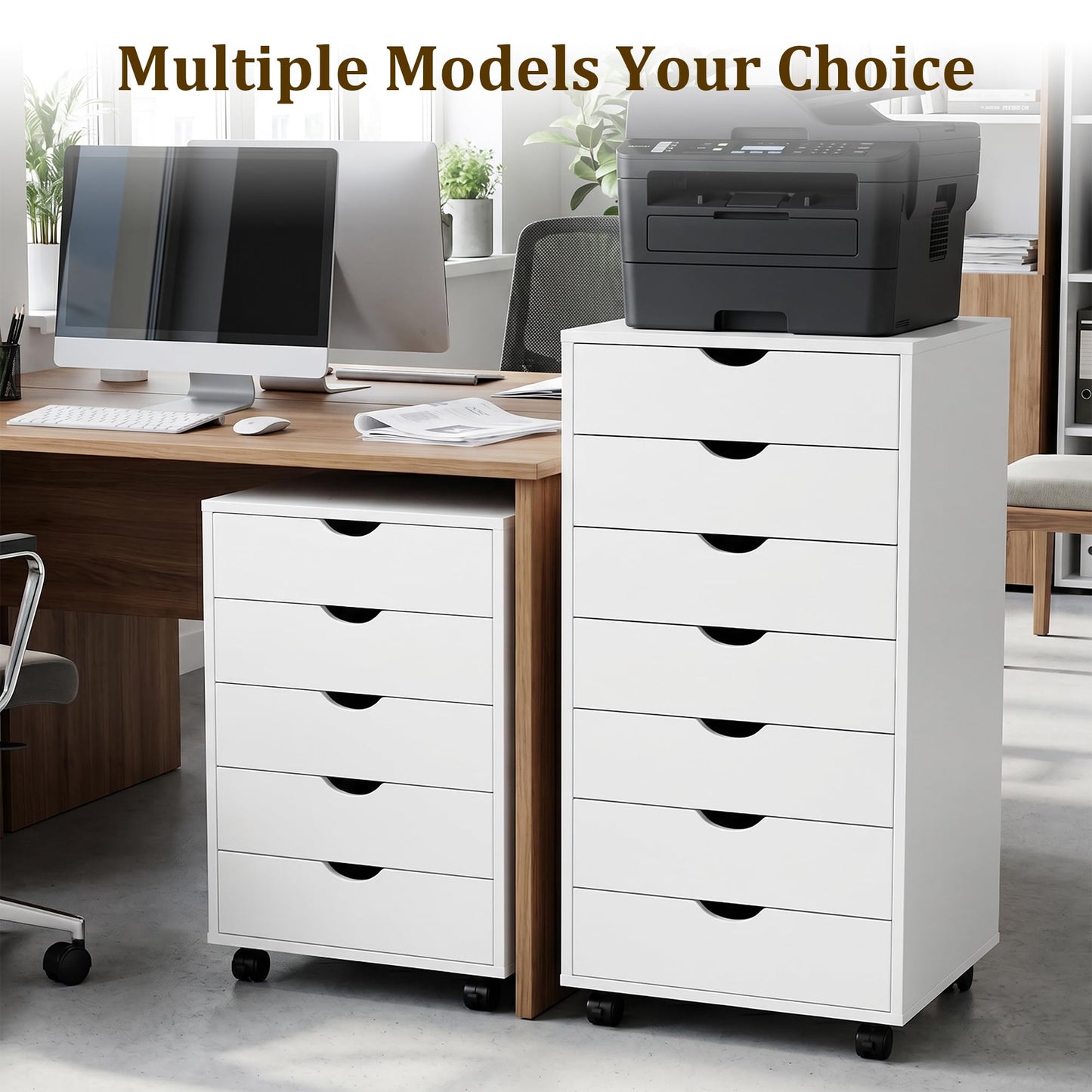 5 Drawer Mobile File Cabinet Under Desk Storage Organization with Wheels Vertical Filing Chest Rolling Wood Small Desk Printer Stand for Home Office, White